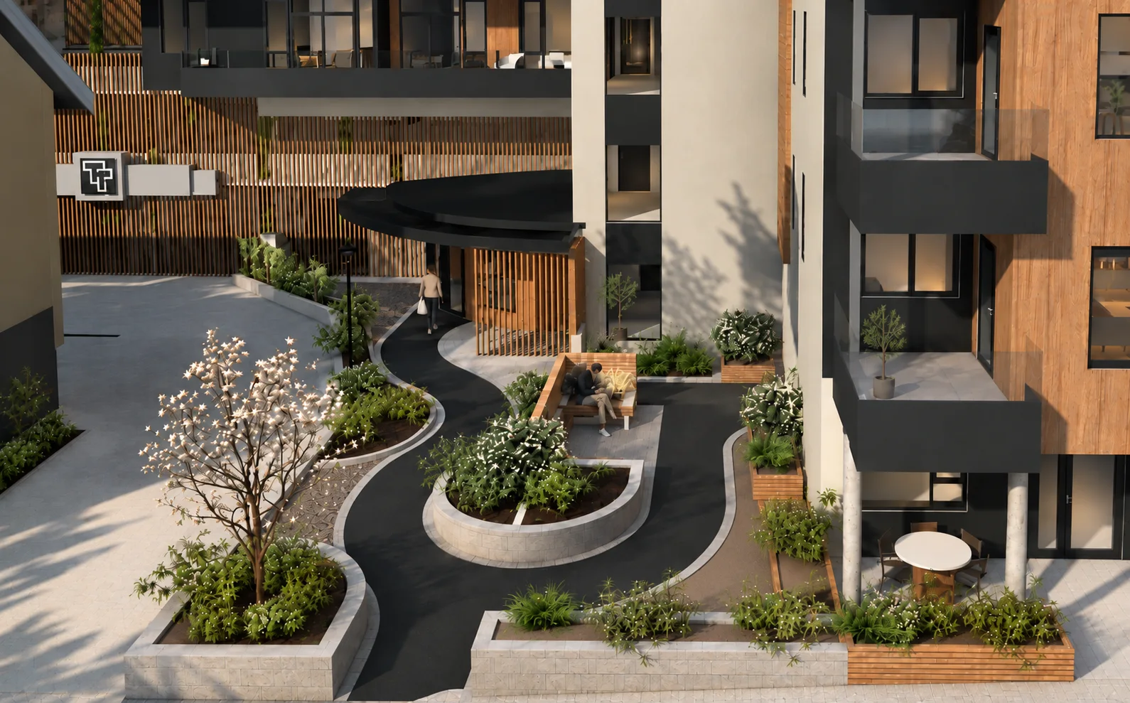 Illustrasjon av inngangsparti med grøne plantefelt